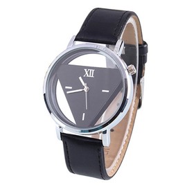 Unisex Charm Glass Hollow Triangle Dial Faux Leather Analog Quartz Wrist Watch