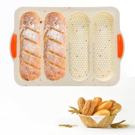 French Bread Hoagie Sub Roll Baking Pans 4-slot, Non Stick Silicone Mould Mold Tray for Sandwich Baguette Hot Dog Bun Loaf Food, Mini Tool Set for Restaurant Homemade Household Breakfast Dinner-Beige