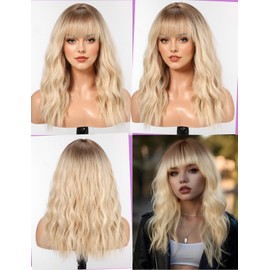 WOKESTAR Long Wig with Fringe Synthetic Wavy Wigs for Women Blonde with Highlights Color