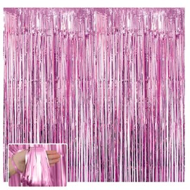 4 Pack Matte Foil Fringe Garland Metallic Tassle Banner Wall Hanging Tinsel Streamers Backdrop for Parade Floats Bachelorette Wedding Birthday Party Decorations(Pink-3.28x9.84ft)