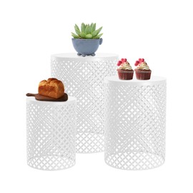 CNCEST 3PCS Outdoor Side Table, Metal Frame Accent Table, Modern End Table Cylindrical Metal Frame Accent Table for Gardens, Balconies, Bedrooms, Living Rooms (White)