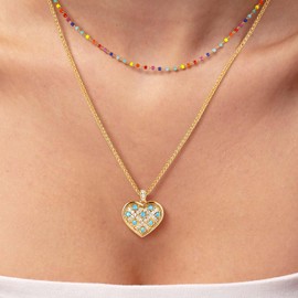 Valloey Rover Layered Necklaces for Women,Dainty 14K Gold Plated CZ Heart Pendant Necklace Cute Boho Beaded Colorful Choker Layering Necklaces Charm Gold Beach Summer Necklace Jewelry Set Gifts for Women