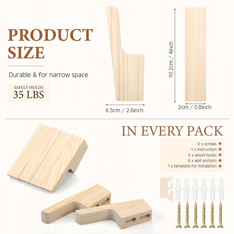 Leinuosen 6 Pack Wood Wall Hooks Walnut Coat Hooks Wall