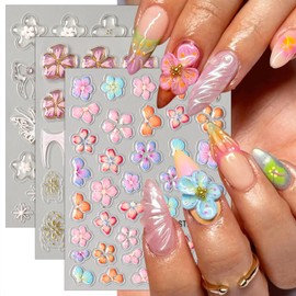 3 Sheets Embossed Flower Nail Stickers for Nail Art Colorful Spring Floral Nail Decals 5D Self-Adhesive French Tip Nail Supplies Clear Jelly Flowers Butterfly Star Bow Nail Art Stickers for Women
