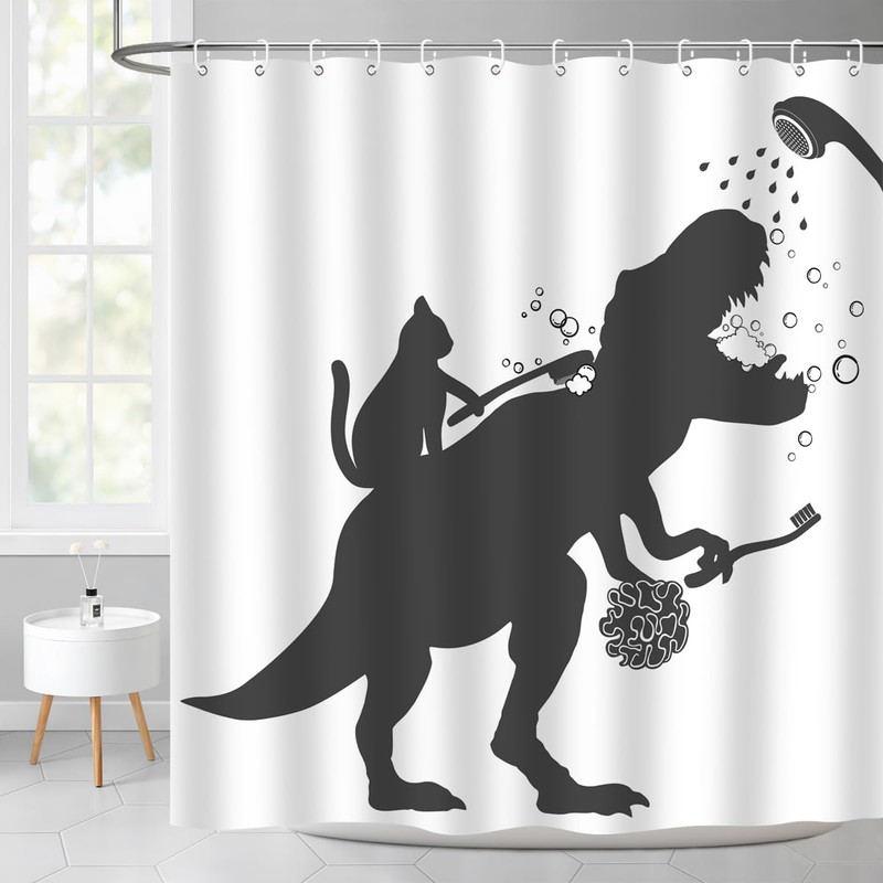 BIYSUC Cat Dinosaur Shower Curtain Funny Cat Help Dino Bathe
