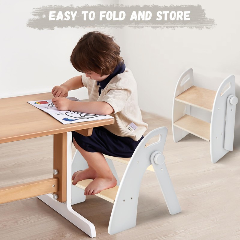 Wooden 2 Step Stool for Kids Bathroom Sink Foldable Anti-Slip