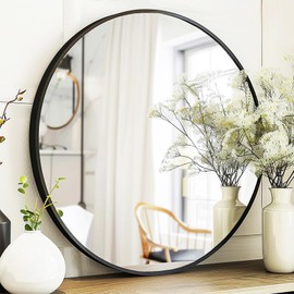 Sunniry Black Circle Mirror, Round Bathroom Mirror 20 inch, Round Wall Mirror Metal Frame, Circle Mirrors for Bathroom, Vanity, Bedroom, Hallway.