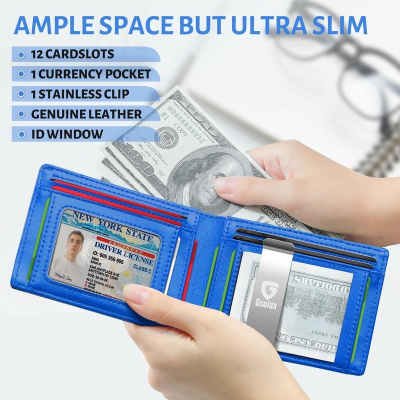 GSOIAX Mens Slim Wallet Rfid Blocking Blue Black - Color: