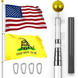 G128 Combo Pack: 20 Ft Telescoping Aluminum Flagpole (Silver) & American and Gadsden Flags 3x5 Ft, Both StormFlyer Series Embroidered 220GSM Spun Polyester | Pole with Flags Included