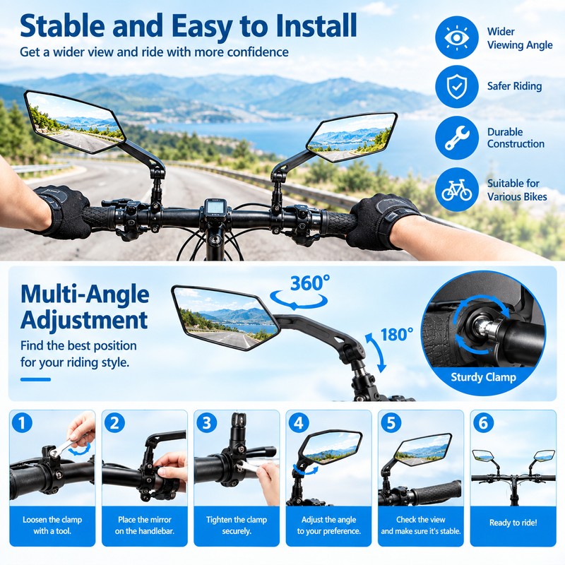 Bike Rear View Mirror for Cycling – Adjustable Rotatable Clear