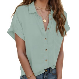 Zeagoo Button up Cotton Womens Short Sleeve Linen Shirts V Neck Collared Button Down Blouse Tops Light Green