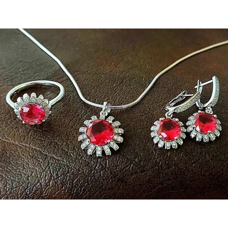 Dtup Collar, Anillo Y Aretes Rojo Rubí Oro Blanco Plata