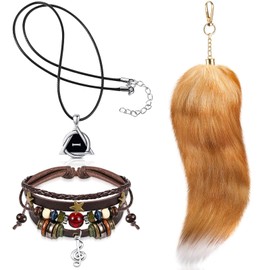 JaGely 3 Pcs Therian Grunge Accessories for Women Therian Pride Symbol Necklace Fairycore Bracelets Fluffy Therian Tail Keychain for Cosplay Gift(Brown)