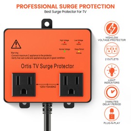 TV Surge Protector for Smart TV, Ortis Double Outlet Voltage Protector for Home Appliances with Time Delay, Protects Against Brownout, Spike, Instant Surge All Voltage Abnormalities, Orange