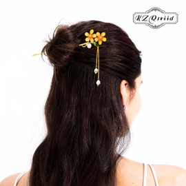 KZQtriid Hair Accessories，14k Gold Plated Copper， Vintage Handcrafted， Colour Enamels Small Daisy Pearl Tassels Hair Stick，Hair Clip. 7.28" Hair Chopsticks For Women