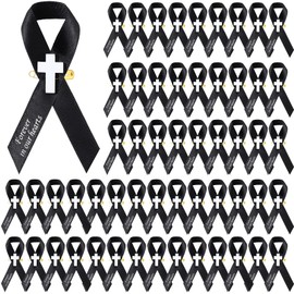 50 Pcs Memorial Funeral Ribbon with Cross Pins Respect Ribbon Bow Forever in Our Heart for Funeral Party Armband Mourning Event Remembrance Supplies(Black)