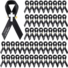 50 Pcs Memorial Funeral Ribbon with Cross Pins Respect Ribbon Bow Forever in Our Heart for Funeral Party Armband Mourning Event Remembrance Supplies(Black)