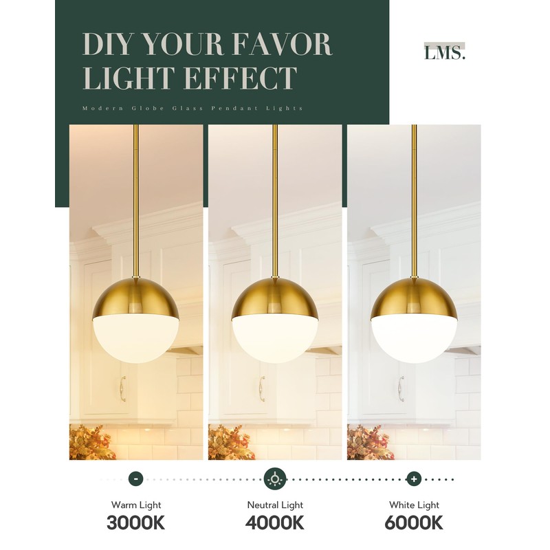 LMS Modern Pendant Lighting Gold Globe Pendant Light Fixture, Mid