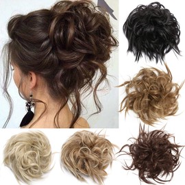 S-noilite Tousled Updo Ponytails Hair Extensions Messy Wavy Ponytail Bun Scrunchies Extension 100% Real Natural Premium Synthetic Hairpiece for Women Girls -2 Piece Light Auburn mix Dark Brown