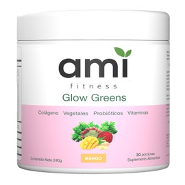 Ami Glow Greens - Jugo Verde Premium en Polvo con Colágeno y Probióticos, Superfoods, Enzimas Digestivas y Vitaminas - Apoyo para la Salud Intestinal, Piel Radiante y Energía | 30 Porciones | Mango