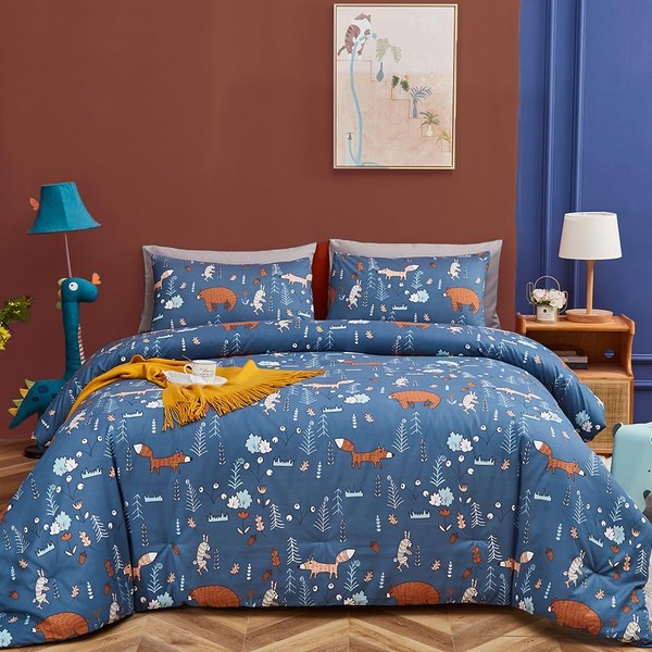 CLOTHKNOW Boys Kids Bedding Sets Queen Navy Blue Bear Duvet Cover Sets Full Woodland Fox Bear Forest Bedding Full Rabbit Animal 3Pcs Cartoon Comforter Cover Sets