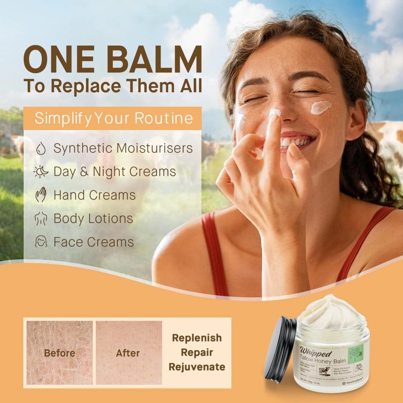 HealthyDerm Beef Tallow Honey Balm for Skin: 100% Grass Fed