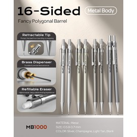 Nicpro 8 Pack 0.5mm & 0.7mm Metal Mechanical Pencil Set, MB1000 Lead Drafting Pencil for Artist Writing, Sketching, Drawing with 8 Tubes HB Lead Refills, 3PCS 4B Eraser, 9PCS Cap Eraser - With Case