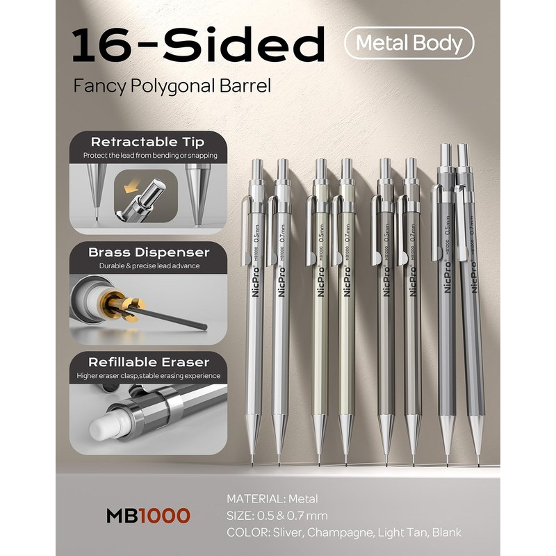 Nicpro 8 Pack 0.5mm & 0.7mm Metal Mechanical Pencil Set,