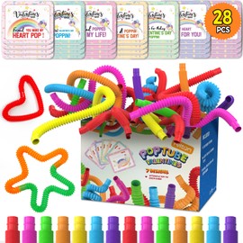 Feltom Valentines Day Gifts for Kids - 28 PCS Pop Tubes Pull Tube Valentines Cards for Kids Fidget Sensory Stress Relief Toy - Valentine Exchange Prizes for Girls Boys School Class Classroom Toys Party Favors