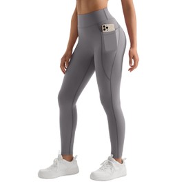 MOOSLOVER Women Workout Leggings with Pockets Compression Runnings Yoga Pants High Waisted Tummy Control Athletic Leggings(L,Grey)