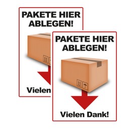 SL group - 2 signs "Paket hier abgen! Vielen Dank!" in 20 x 30 cm made of extra sturdy PVC plastic plate - storage and unloading point sign for postman, parcel service and parcel delivery