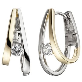 Jobo Women's Creole Earrings 925 Sterling Silver Bicolour Gold-Plated 2 Zirconia Earrings, Silver, Cubic Zirconia