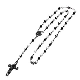 metaltree98 Rosary White Bead Gold Silver Black Tone Guadalupe & Jesus Cross 28" Necklace HR 600 (BK White)