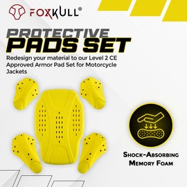FOXKULL CE Back Armor Protection Pad and CE Level 2 Elbow and Shoulder Certified Armor Pads Set, Motorcycle Armor Protector (Yellow, 1 Back + 2 Elbow + 2 Shoulder)