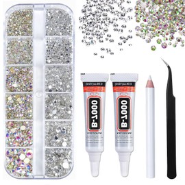 DMQ 2016Pcs Rhinestones with 5Pcs 15ml B7000 Rhinestones Glue, 10 Sizes Silver AB Crystal Flat Back Nail Gems Set with Pick Up Tweezers & Rhinestone Picker Pen for DIY Crafts Cloth Shoes Nail Art