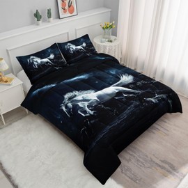 Datura home Horse Bedding Comforter Set Silver White 3D Digital Printed Pattern Quilt with 1 and 2 Pillowcases for Adult Kids Bedroom All Season(Horse3 Full) ,80x90inches