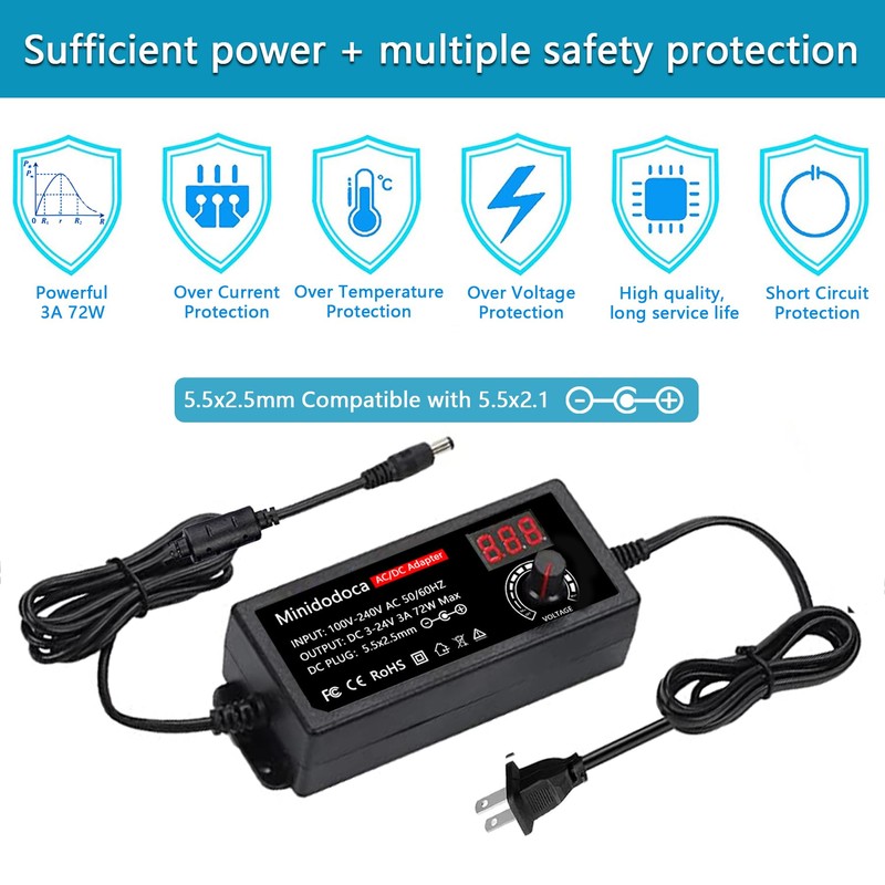 Minidodoca Universal Power Supply 3V~24V 3A 72W Adjustable Variable 3V