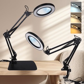 10x Magnifying Glass with Light, 3 Color Modes Dimmable LED Magnifying Desk Lamp with Large Stand and Clamp Long Swivel Arm Lighted Magnifier Hands Free for Crafts, Workbench, Hobby, Sewing,Repair