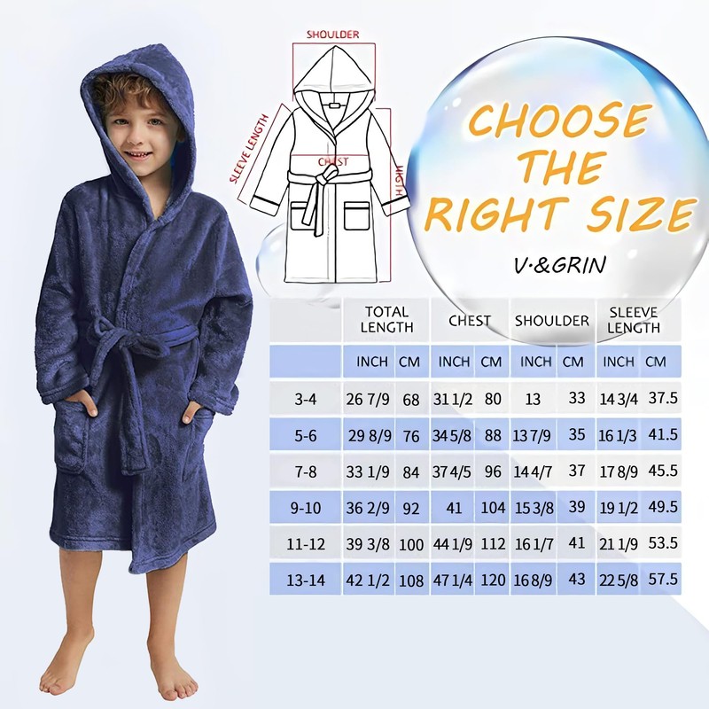 V.&GRIN Boys Fleece Robe, Hooded Plush Soft Fuzzy Bathrobe for