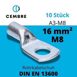 Cembre A3-M8 Tube Cable Lug 16 mm² M8 Uninsulated Tin-Plated Copper Pack of 10