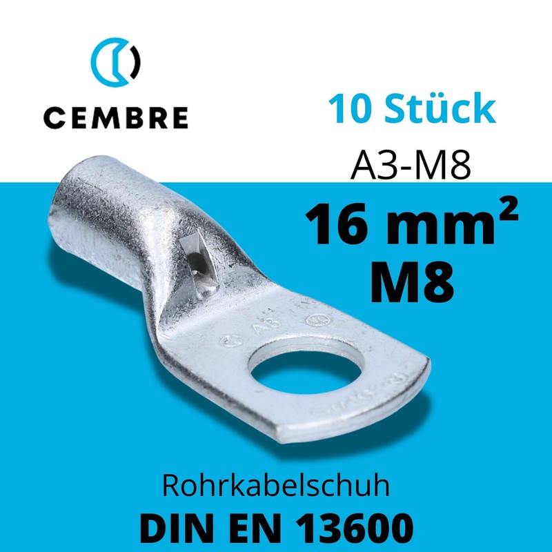 Cembre A3-M8 Tube Cable Lug 16 mm² M8 Uninsulated Tin-Plated