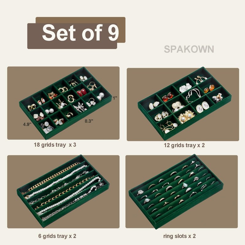 SPAKOWN Jewelry Organizer for Drawer, Adjustable Velvet Jewelry Tray, Stackable