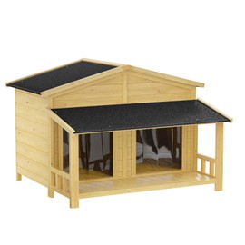KELRIA 47.2" Dog House, Waterproof Dog Kennel, Wooden Outdoor and Indoor Dog House, Log Cabin Style with Porch,Elevated Floor, 2 Doors, Pine Wood + Natural