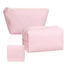 Chris.W 3PCS Makeup Bag Set, Travel Makeup Bag Cosmetic Bags for Women, PU Leather Cosmetic Pouch, Large Capacity Cosmetic Organizer Bags, Travel Toiletry Bag for Girls, Pink