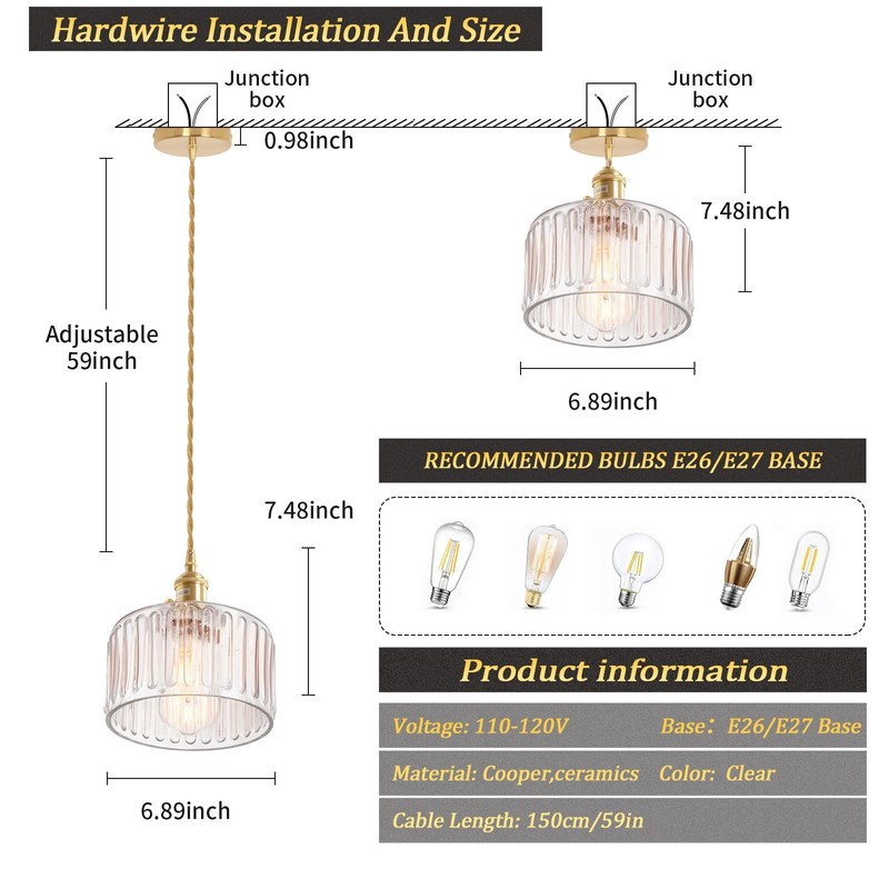Shenmoyl Pendant Light with Clear Striped Glass Lmapshade, Brass Vintage