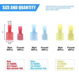 Glarks 300pcs 22-16 16-14 12-10 Gauge Nylon Fully Insulated Male/Female Spade Quick Splice Wire Disconnect Electrical Insulated Crimp Terminals Connectors Assortment Kit