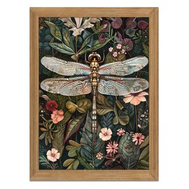 Framed Vintage 3D Textured Wall Art - Dark Green Dragonfly Flowers Wall Decor - Hand Drawn Sandstone Nature Botanical Pictures for Living Room Bedroom Home Decor 16x24in