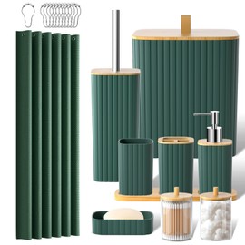 Z ZONAMA Bathroom Accessories Set - 22PCS Bathroom Set with Shower Curtain, Trash Can, Toilet Brush Holder Set & Soap Dispenser – Stylish & Functional Bath Decor for Home, Apartment, Green