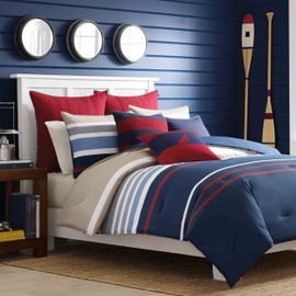 Nautica - Queen Comforter Set, Cotton Reversible Bedding with Matching Shams, Stylish Home Decor (Bradford Navy/Kahki, Queen)