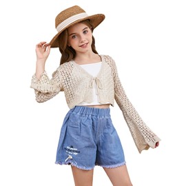 Milumia Girl's Tie Front Crochet Cardigan Hollow Out Long Sleeve Knit Crop Cover Up Top Beige